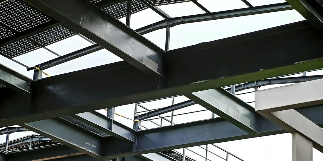 Steel beams and roof framing on a building under construction