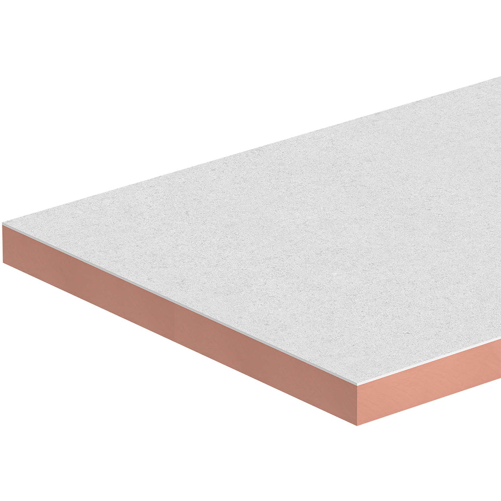 Kingspan Kooltherm K10 PLUS Soffit Board, render of a board showing the grey fibre cement face and pink phenolic core