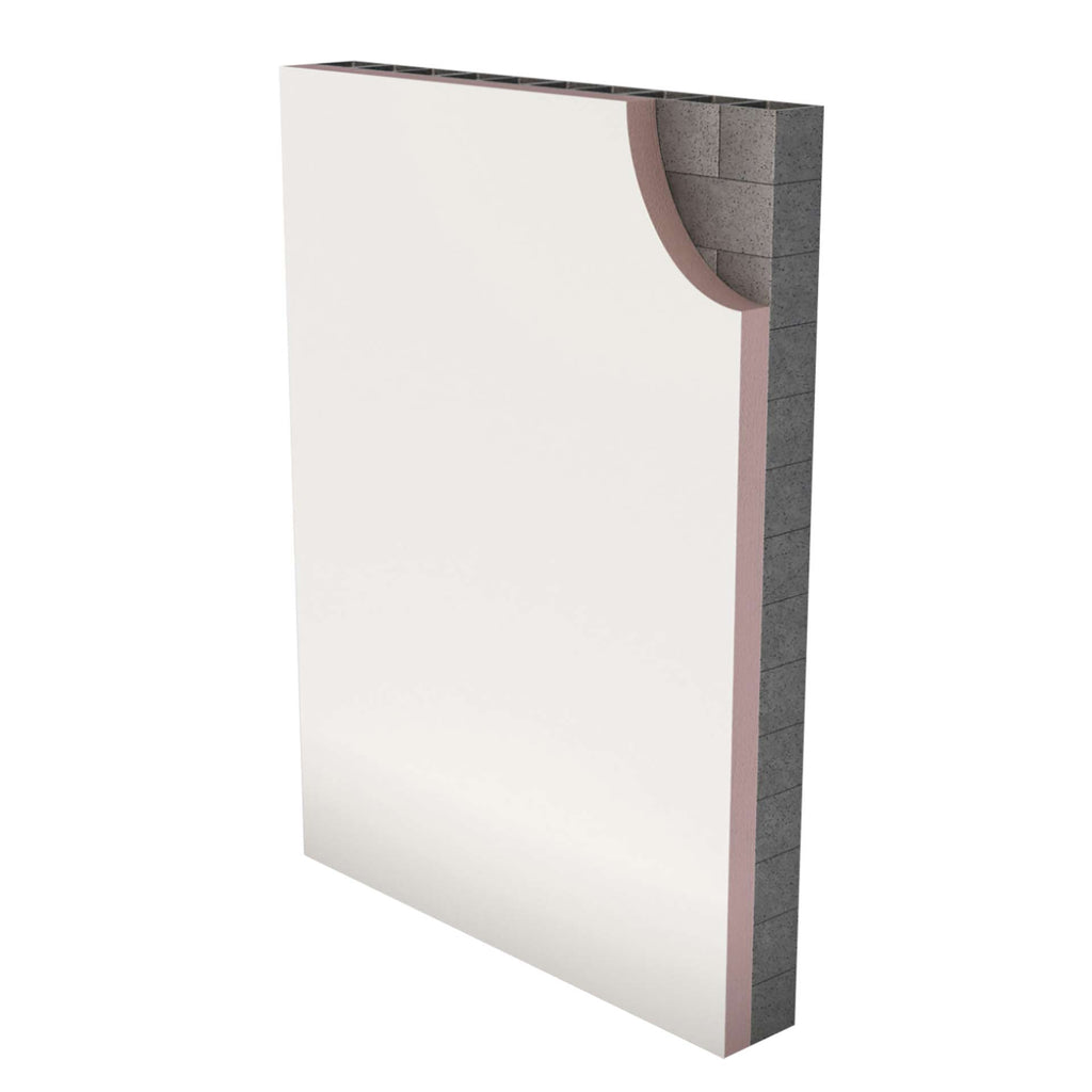 Kooltherm K17 Insulated Plasterboard bonded to a masonry block wall, cut-away drawing