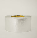 Rhino Reinforced Foil Tape roll lying flat, silver foil with the reinforcing mesh pattern showing through