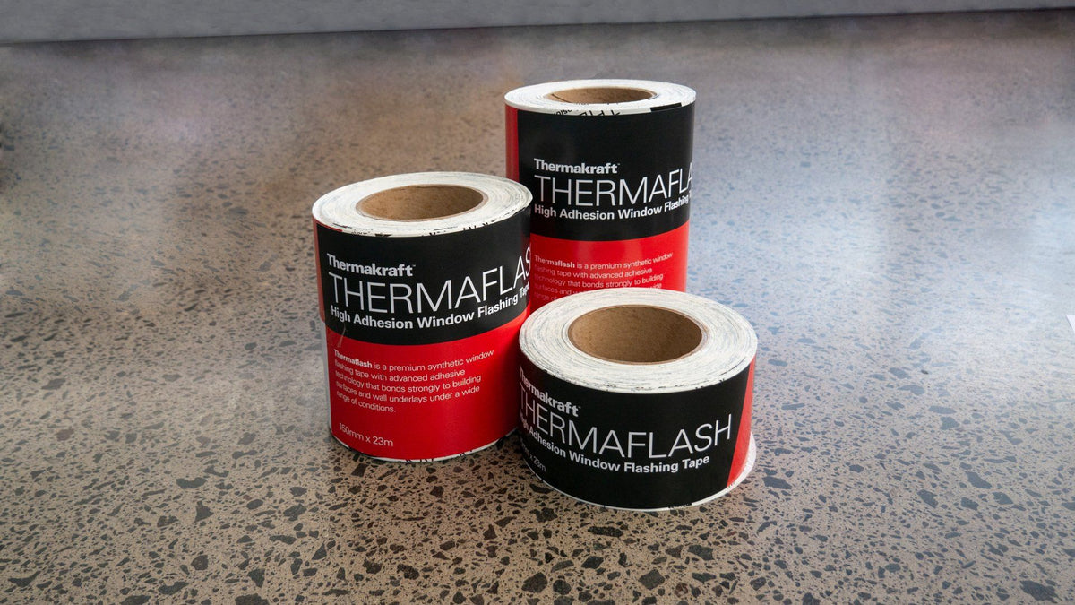Kingspan Thermakraft Thermaflash window flashing tape rolls in different widths, the 150 mm x 23 m roll on the left