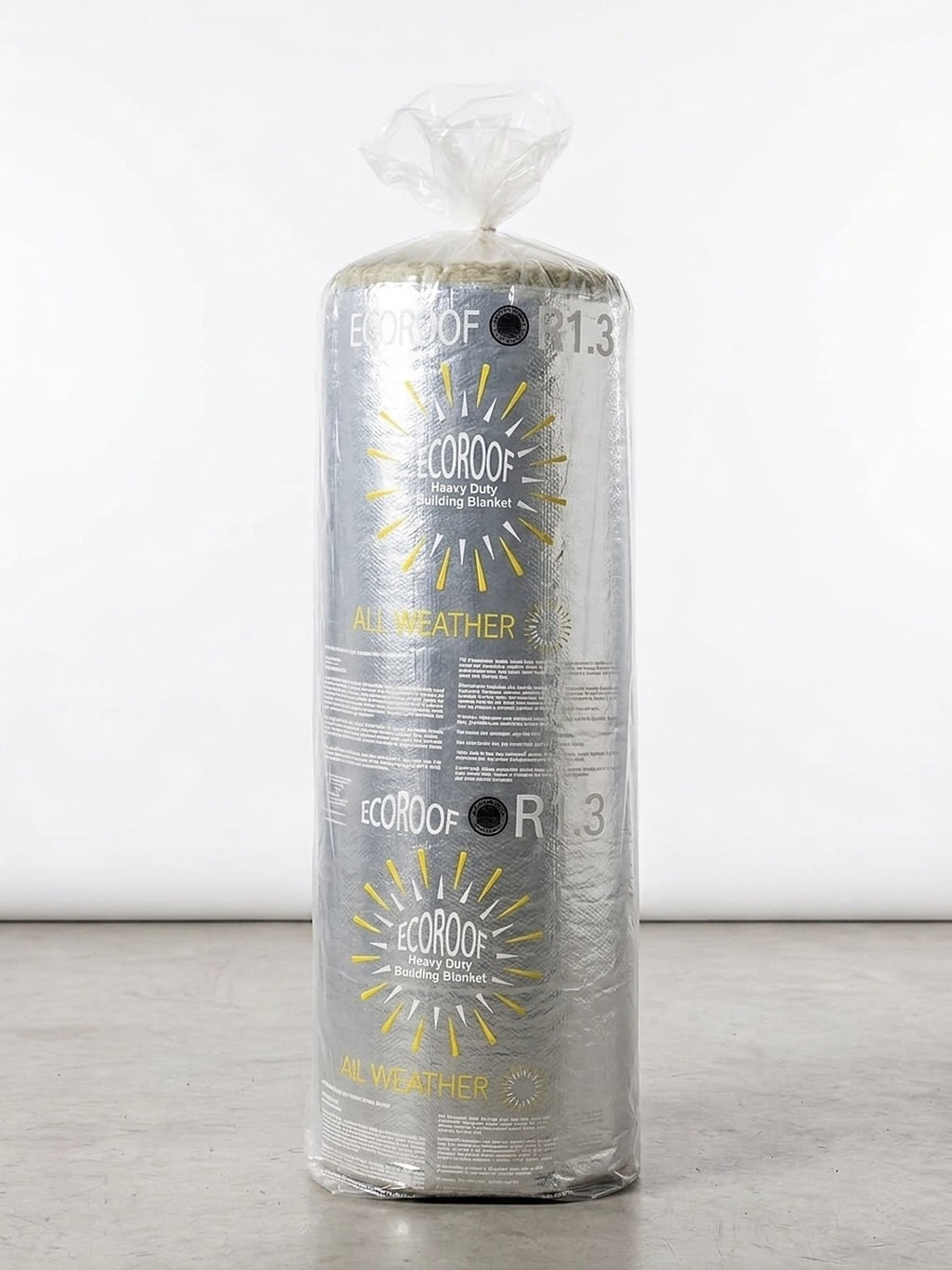 EcoRoof R1.3 heavy duty building blanket, foil faced roll in All Weather branded packaging