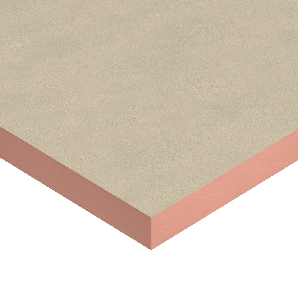 Kingspan Kooltherm K3 Floorboard, corner of a board showing the tissue facing and pink phenolic core