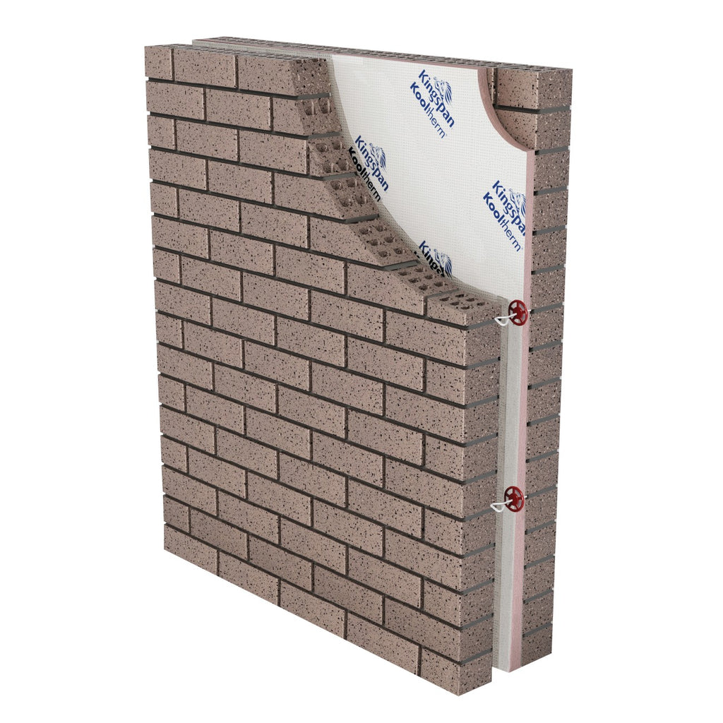 Kooltherm K8 Cavity Board in a double brick cavity wall, held on the wall ties with retaining clips
