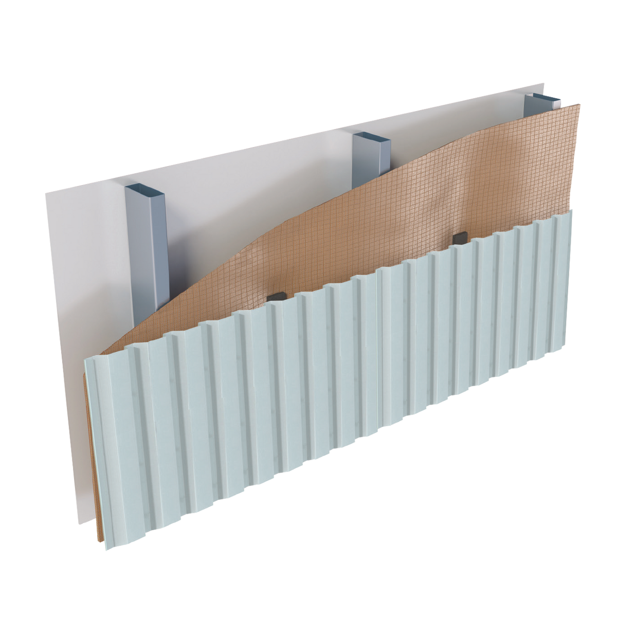 Kingspan render of AIR-CELL Insulbreak fixed to the outside of a steel stud wall with spacer biscuits under metal cladding