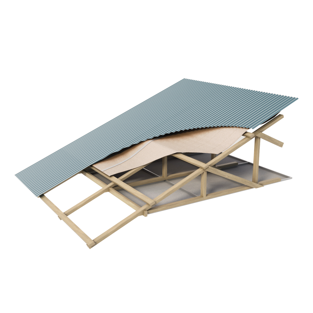 Kingspan AIR-CELL Insulbreak 55 under metal roof sheeting in a timber truss roof with a flat ceiling, Kingspan drawing