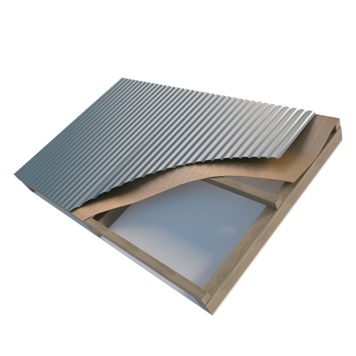 Kingspan render of AIR-CELL Insulbreak draped over battens under corrugated metal roofing with a raked ceiling