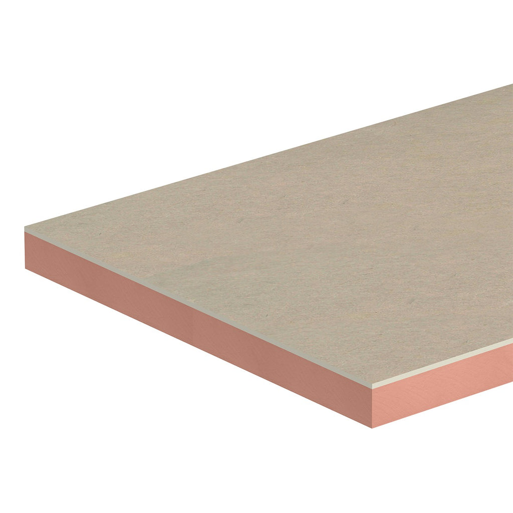 Kingspan Kooltherm K17 Insulated Plasterboard, board corner showing the plasterboard face over the phenolic core