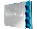 Pyrotek Soundlag sample showing the embossed foil face and blue convoluted foam layer