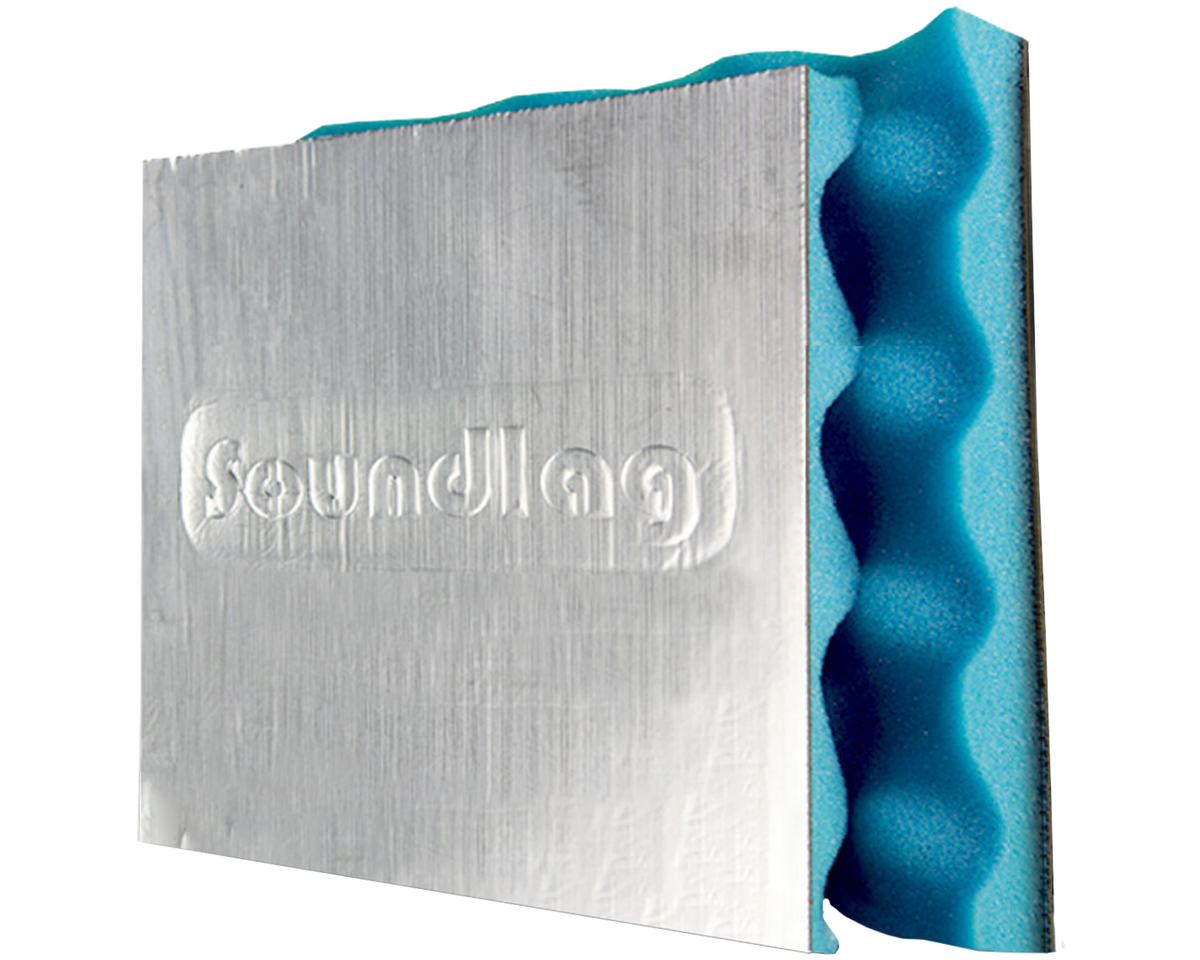 Pyrotek Soundlag sample showing the embossed foil face and blue convoluted foam layer